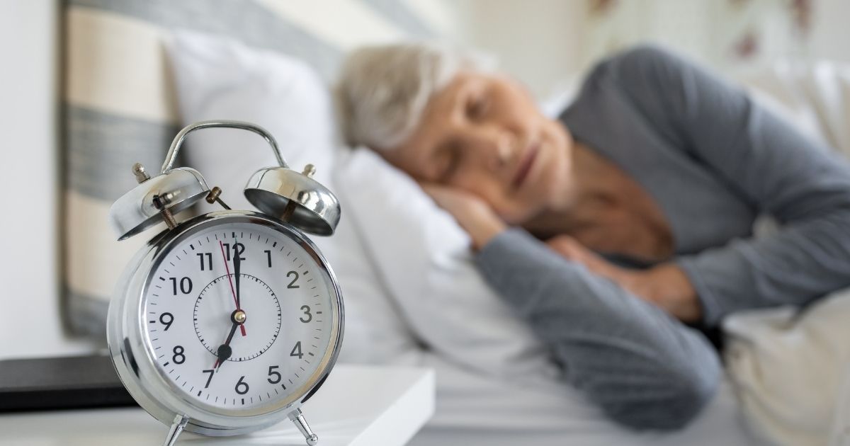 This aging woman is getting enough hours of sleep.