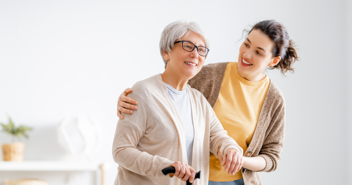 When you have a safe home for seniors, it can also be easier on the caregiver, as represented with this happy caregiver and her elderly mom.